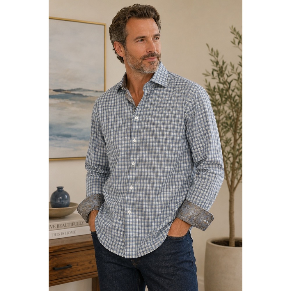 Christian Aujard Paris Mens Large Blue Grey Check Paisley Trim Button Down Shirt